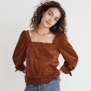 Madewell Embroidered Eyelet Corduroy  Blouse Brown Long Sleeve Top Size XS
